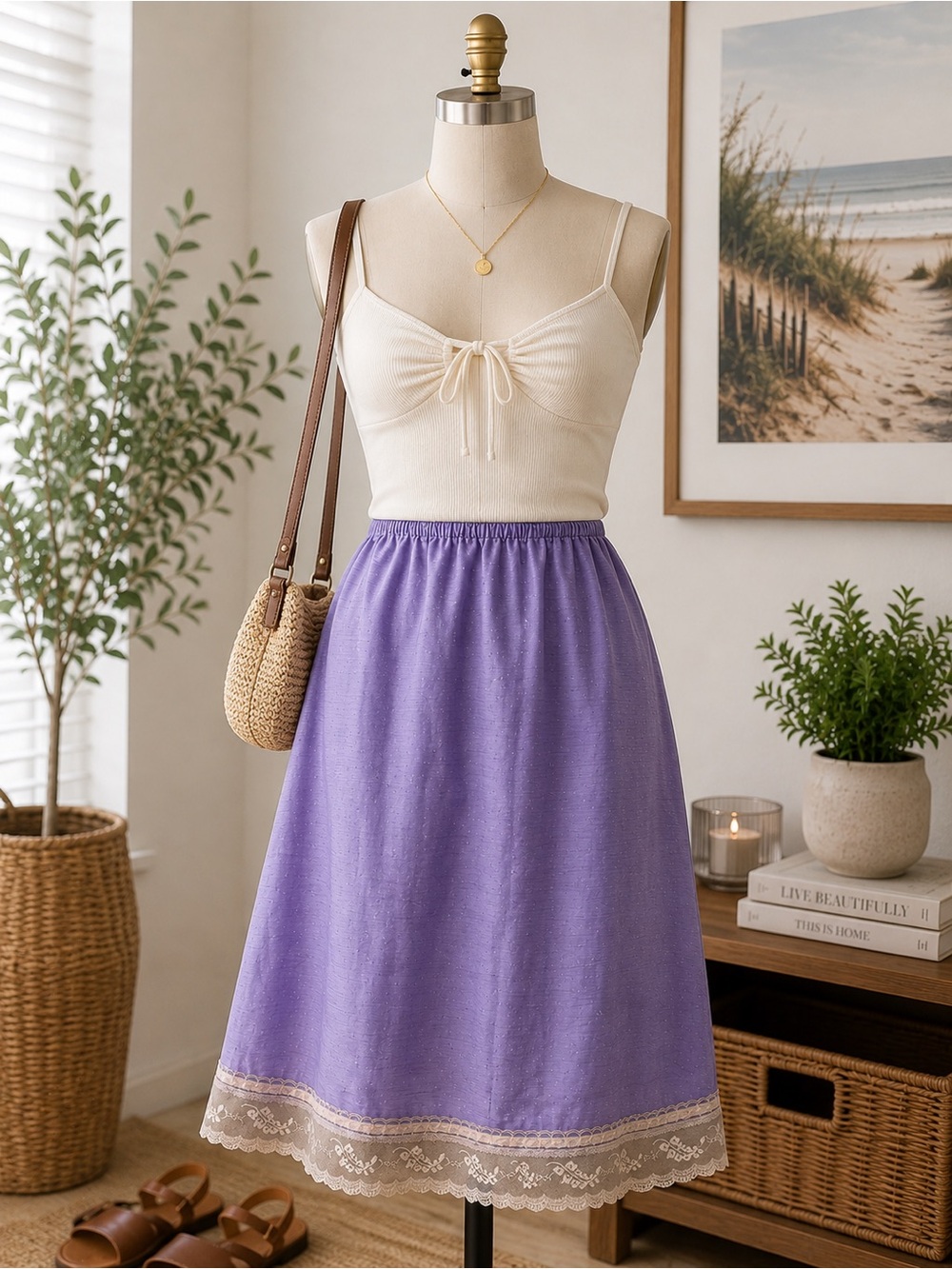 Yves Saint Laurent Lavender Silk Blend Lace Hem Skirt | Vintage A-Line Midi